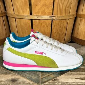Puma Turin II White Leather Pink Green Teal Casual Sneakers Womens Size 10